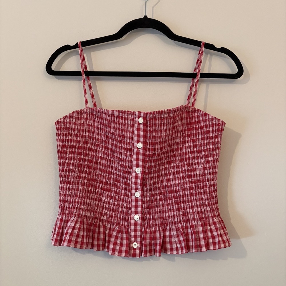 NWT Miou Muse Smocked Gingham Crop Tank Cherry Red Sz S Western Cottage Country